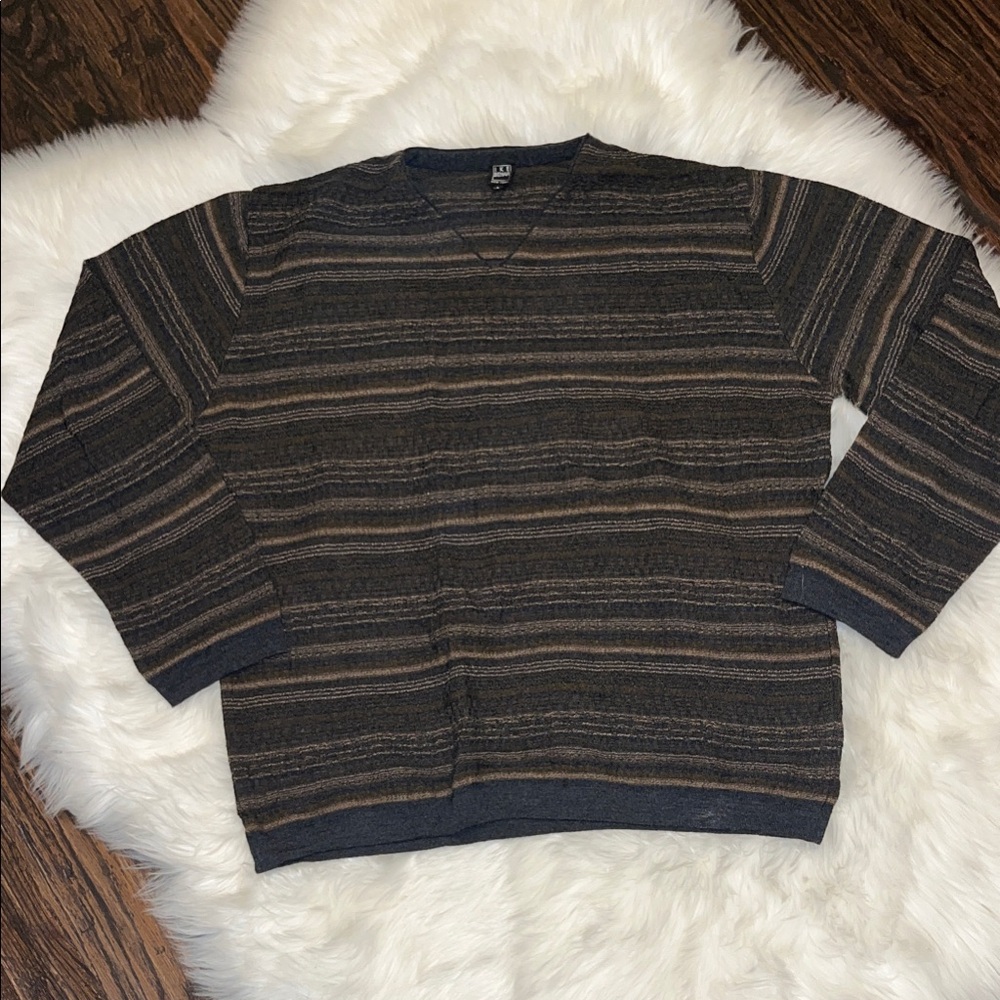Ike Behar Men's V-Neck Sweater - Black and Brown Stripe